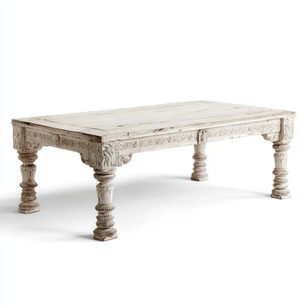 Mesa de café de madera tallada 120x60x45 cm - Blanco Envejecido - Diseño Clásico
