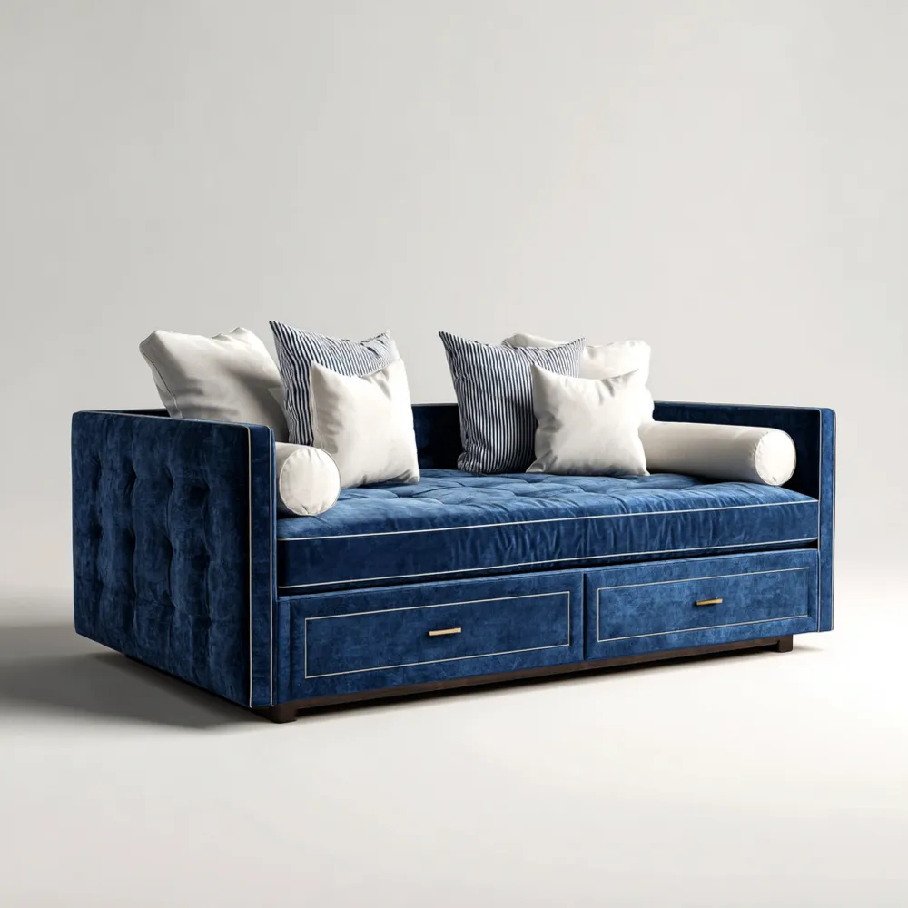 Sofá cama tapizado en terciopelo Azul con almacenamiento – 200x90x80 cm – Diseño clásico