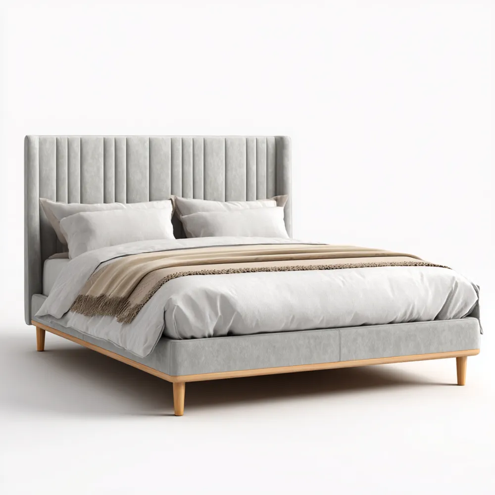 Cama Doble Tapizada en Terciopelo 200x160x120 cm – Gris Claro – Diseño Contemporáneo