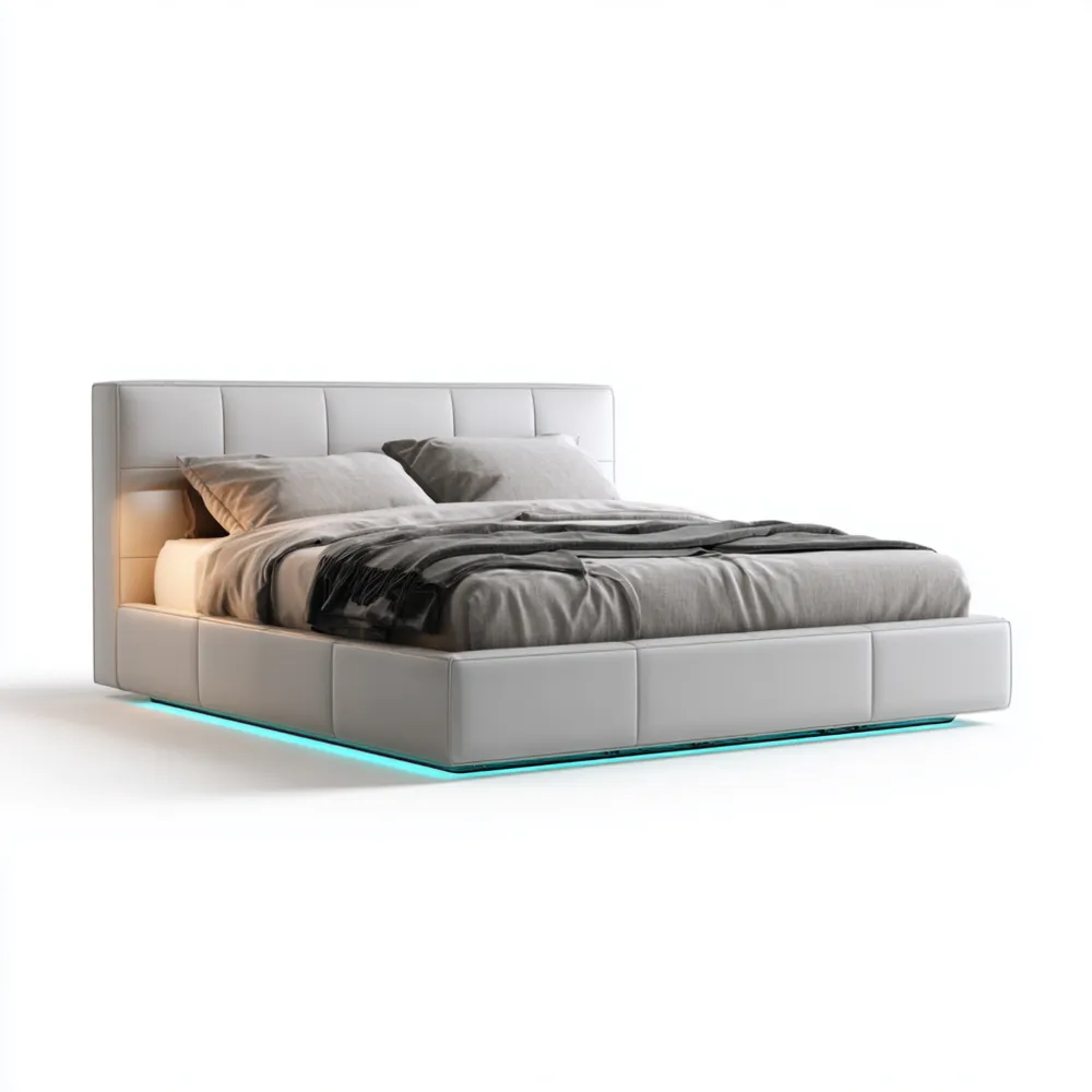 Cama Doble Tapizada con Luz LED 200x160x100 cm - Blanca - Diseño Moderno