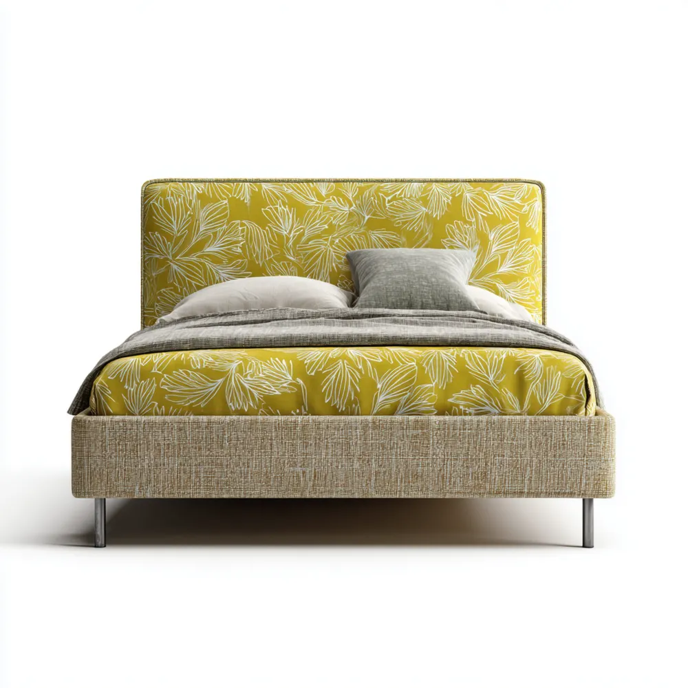 Cama Doble Tapizada Diseño Floral 200x150x100 cm – Amarillo – Moderno