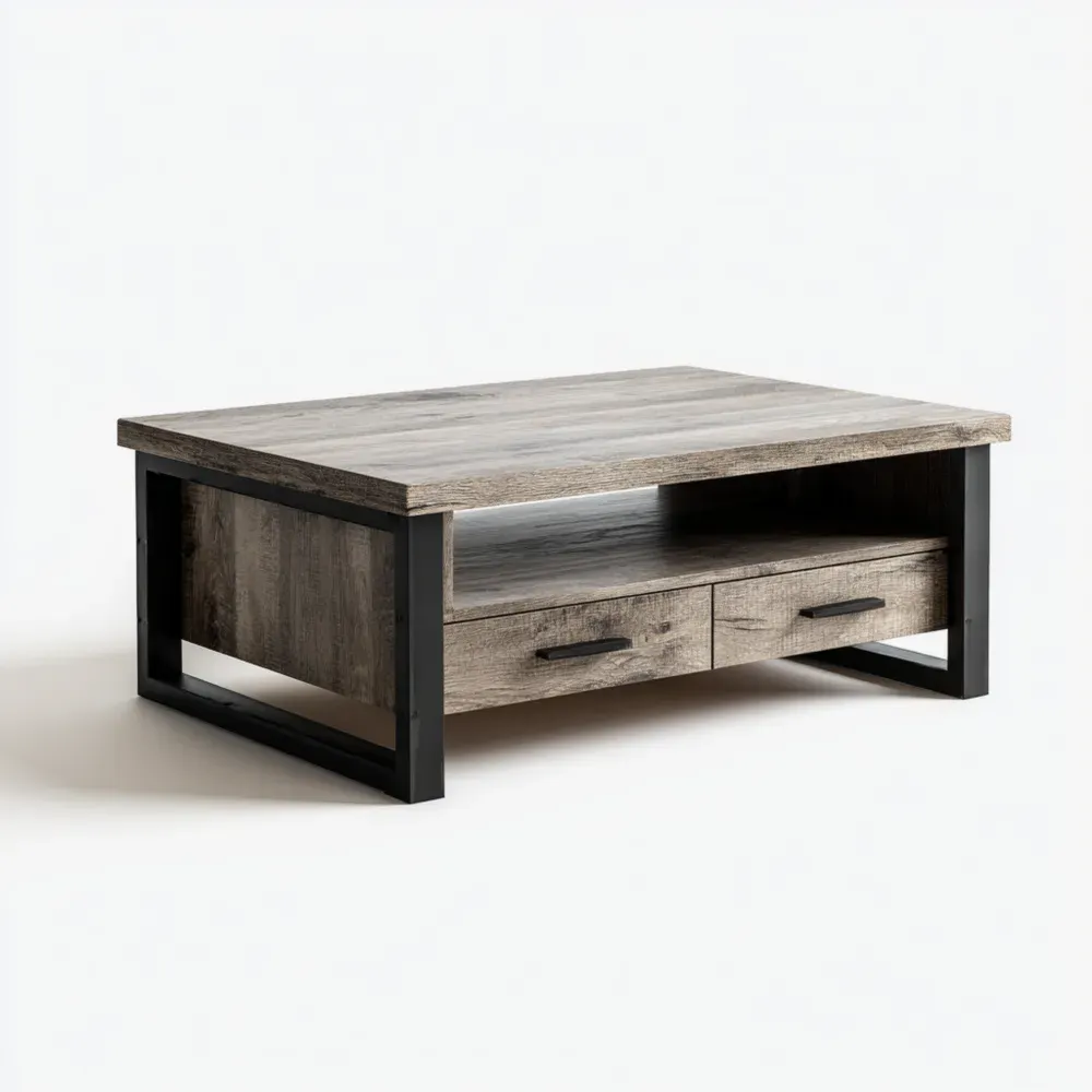 Mesa de café de madera con cajones 120x60x45 cm - Roble envejecido - Estilo industrial