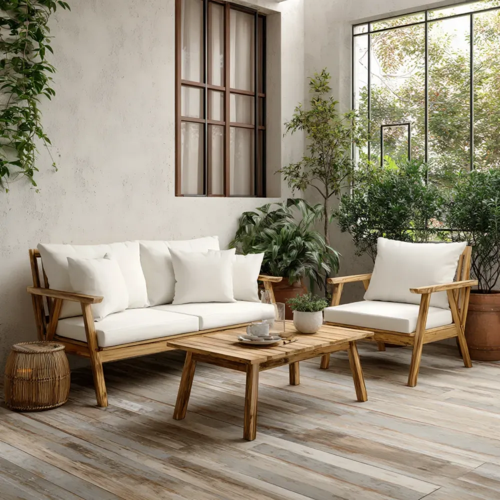 Conjunto de Sofá de Jardín Madera 150x80x75 cm - Crema