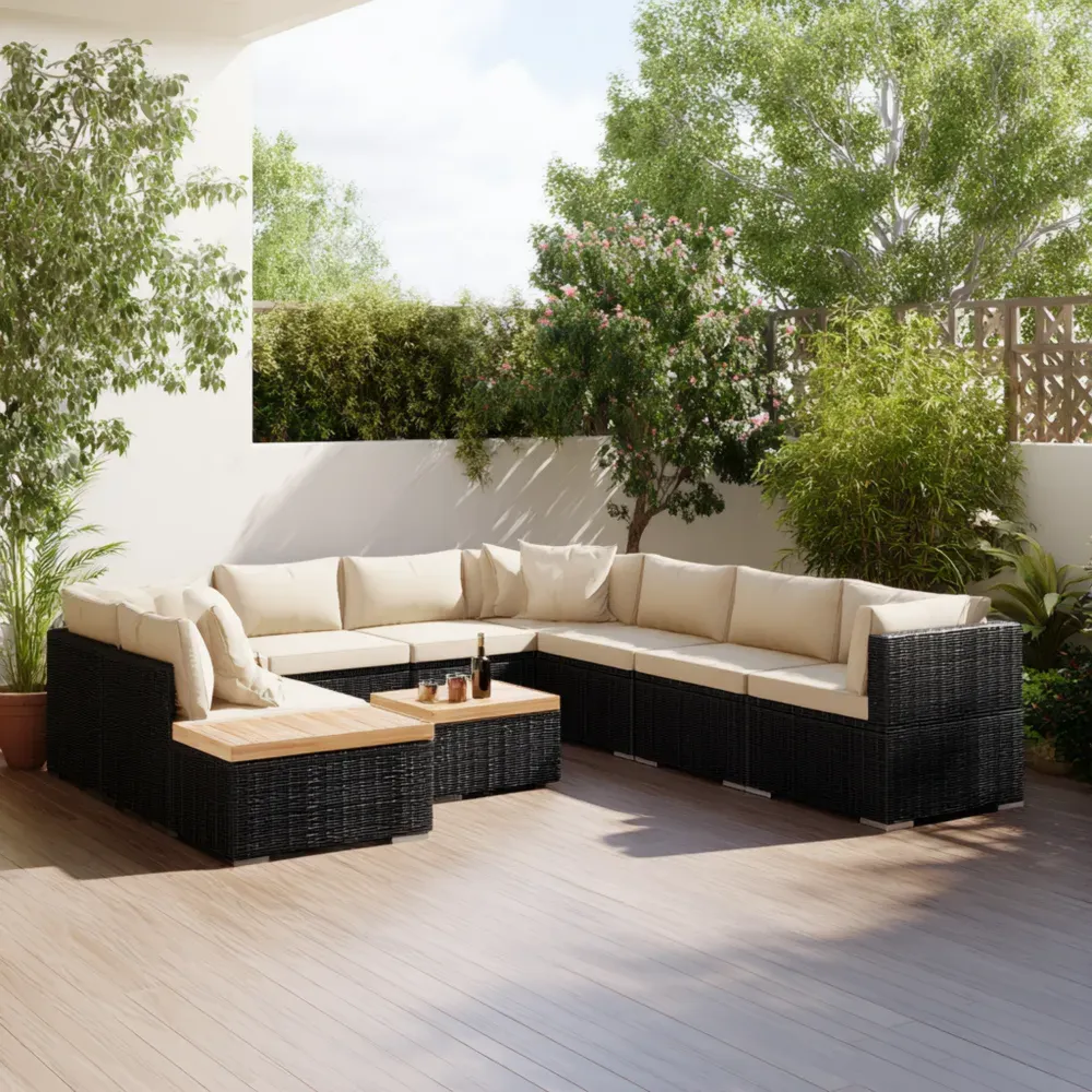 Conjunto de sofá modular para patio de ratán sintético 250x75x65 cm Negro/Beige - Diseño contemporáneo
