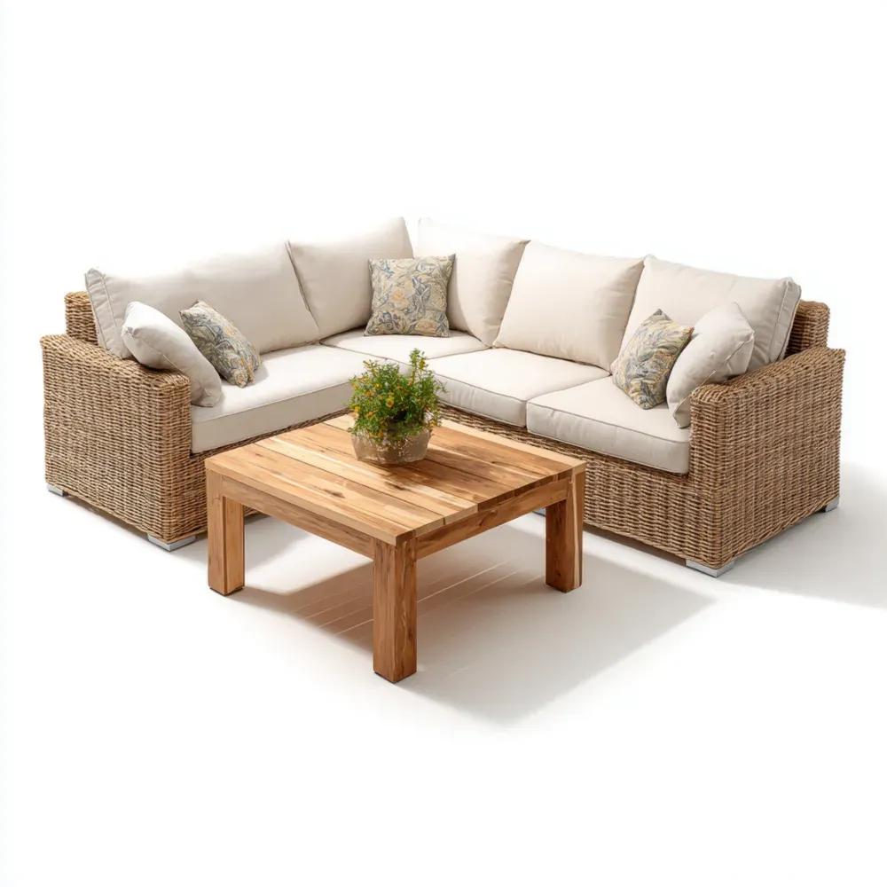 Conjunto de Sofá Modular de Ratán 210x210x75 cm con Mesa 80x80x40 cm – Beige – Estilo Rústico