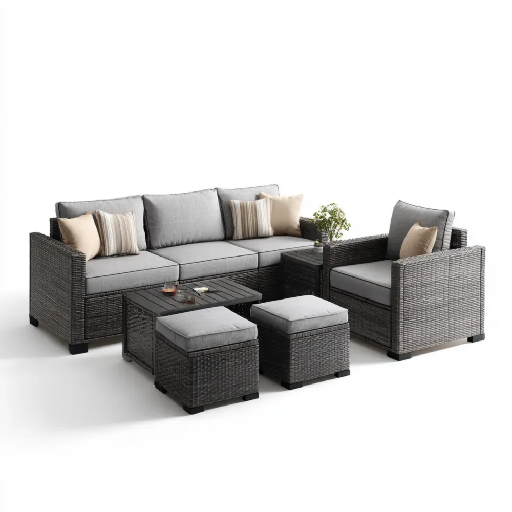 Conjunto de sofá de patio ratán 270x140x65 cm - Gris - Diseño moderno