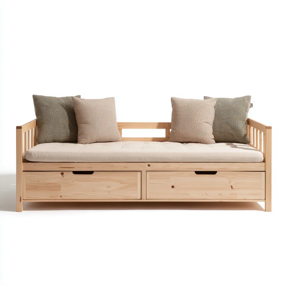 Sofá cama de madera 200x90x75 cm – Beige – Diseño funcional con almacenamiento