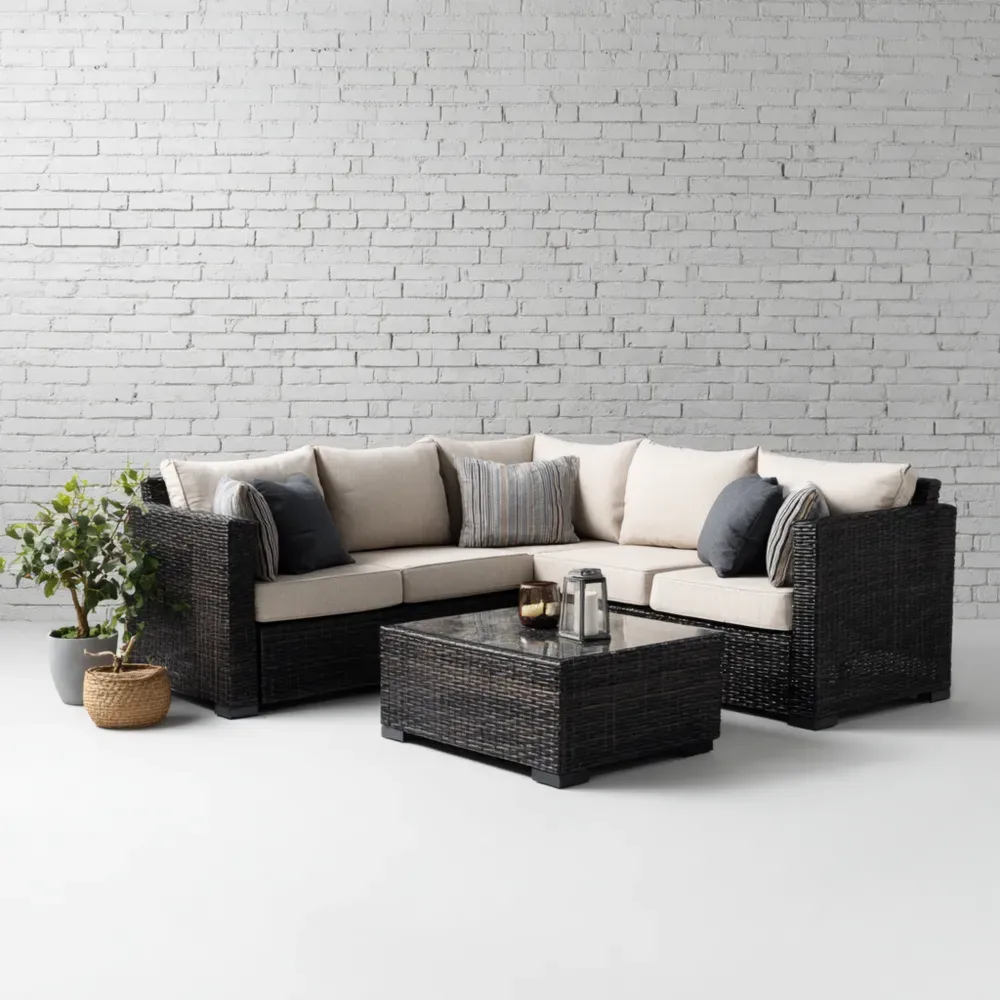 Conjunto de Sofá de Jardín en Ratán Sintético 210x210x70 cm – Beige/Negro – Diseño Moderno