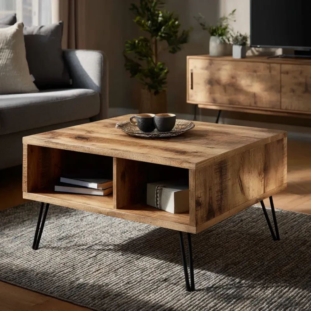 Mesa de café de madera 100x60x45 cm - Marrón/Negro - Estilo industrial