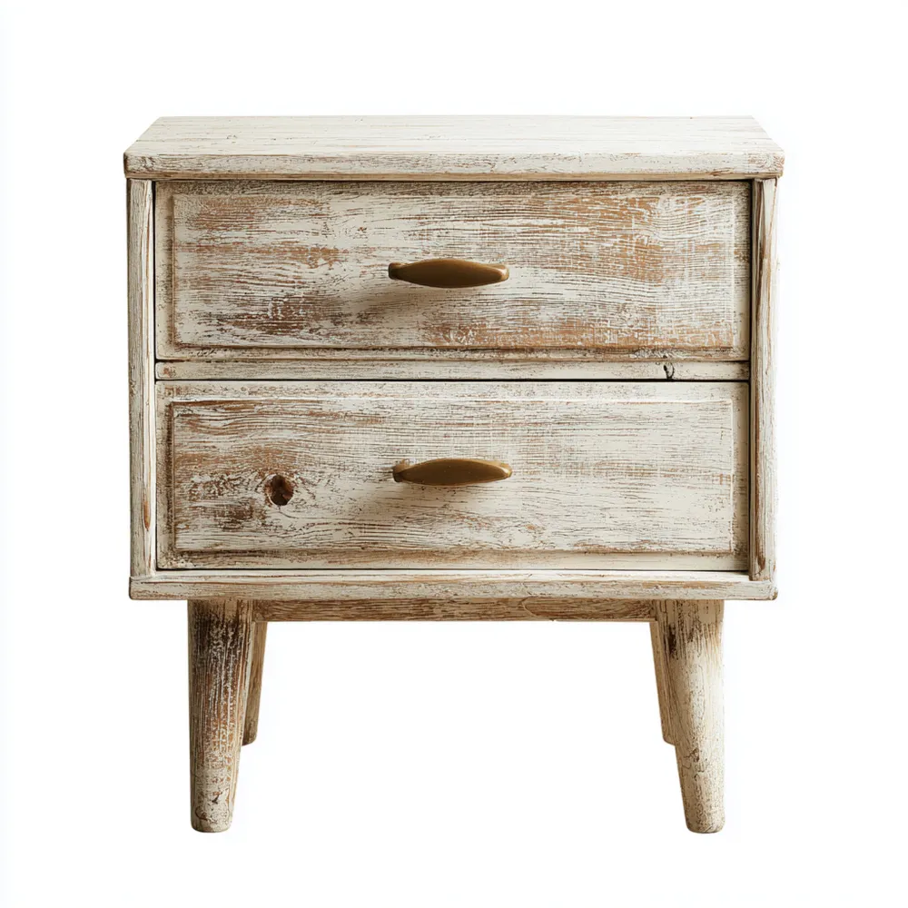 Mesita de Noche de Madera Maciza 45x35x55 cm - Blanco Envejecido - Estilo Rústico