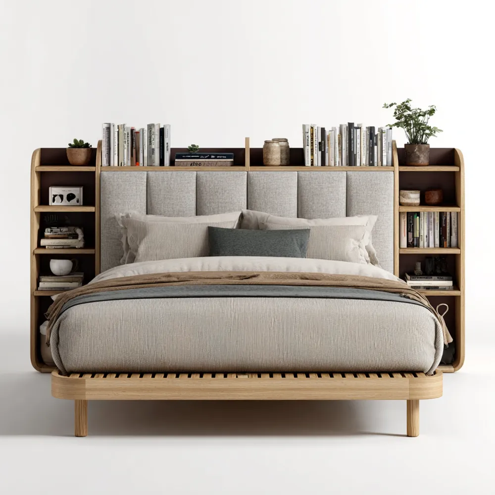 Cama Doble de Madera con Cabecera Almacenamiento 200x180x120 cm – Beige – Diseño Moderno