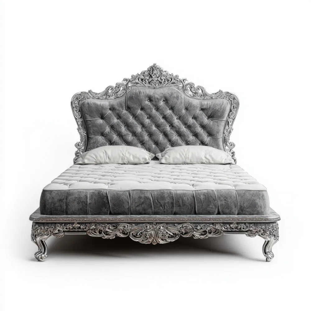 Cama Doble Tapizada de Terciopelo 190x200x140 cm - Gris Oscuro - Estilo Clásico