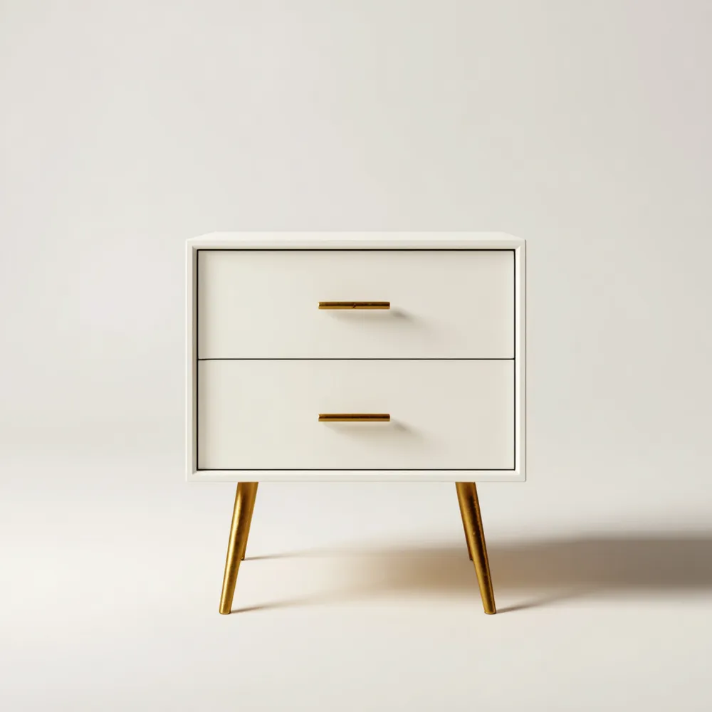 Mesita de Noche de Madera 55x40x35 cm – Blanco/Dorado – Estilo Contemporáneo