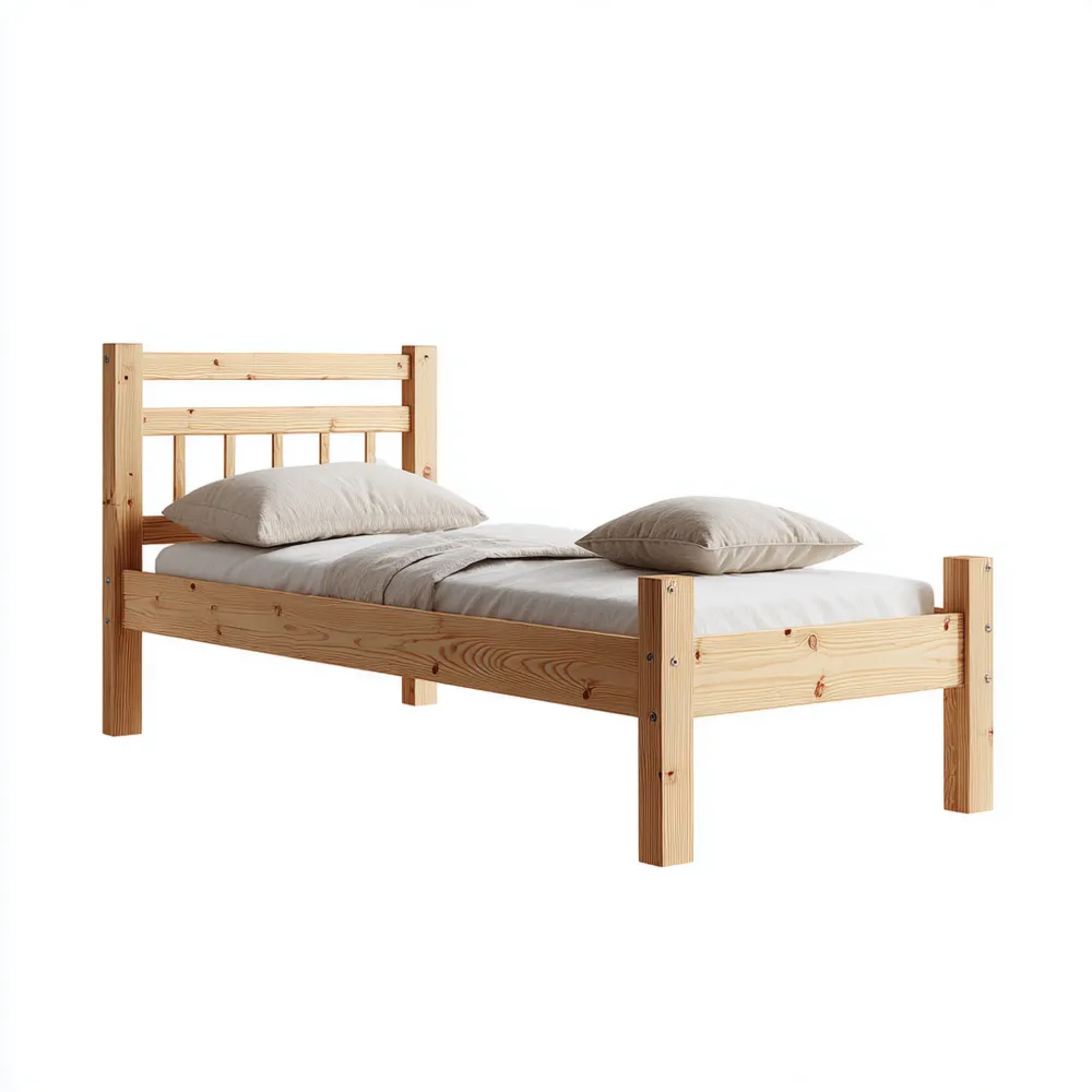 Cama Individual de Madera Maciza 200x90x50 cm - Natural - Diseño Clásico