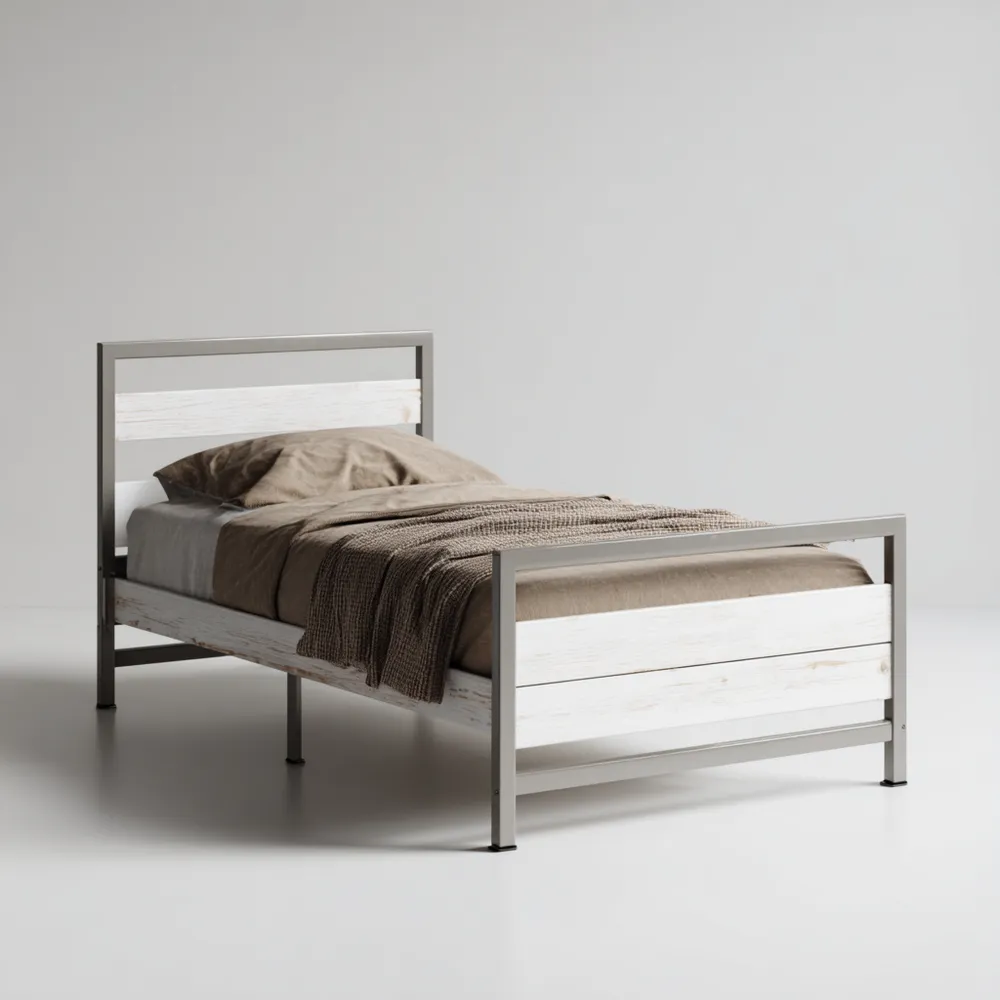 Cama Individual de Metal y Madera 200x90x50 cm – Blanco/Gris – Estilo Moderno