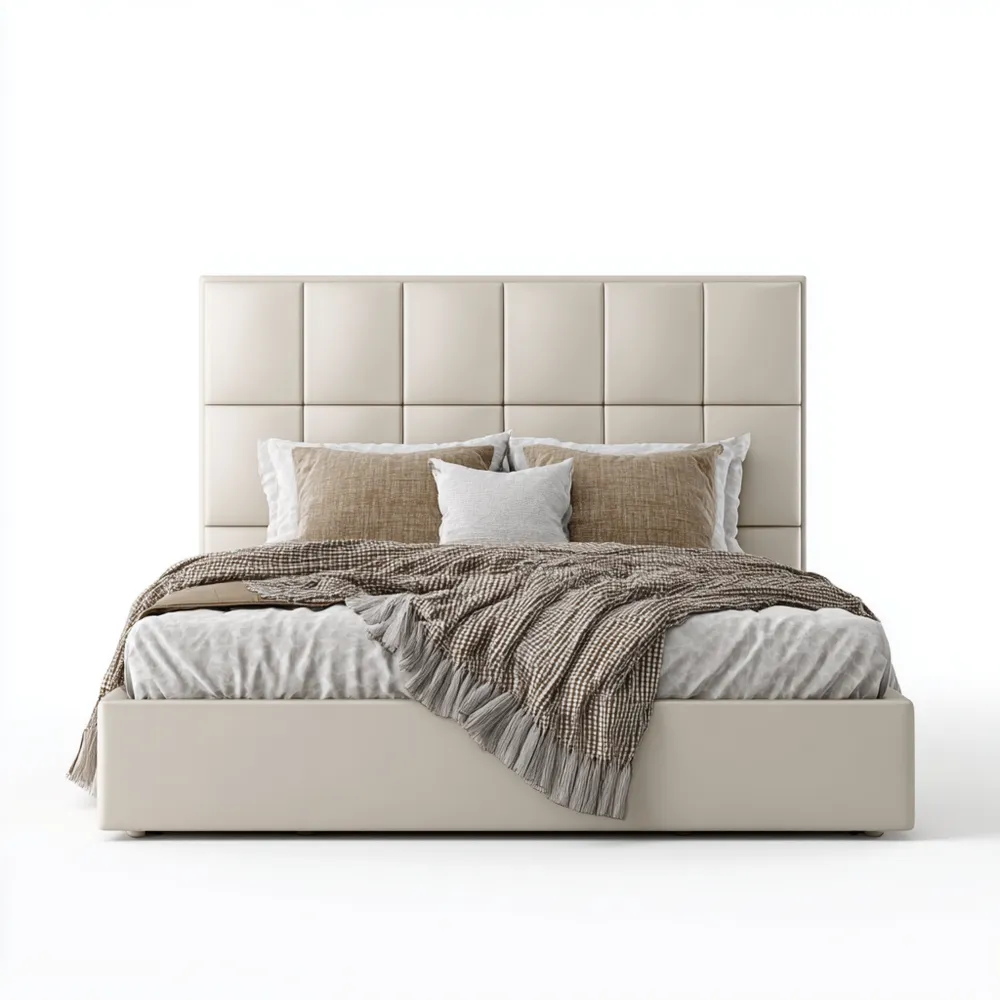 Cama Doble Tapizada en Tela 200x150x120 cm - Beige - Estilo Moderno