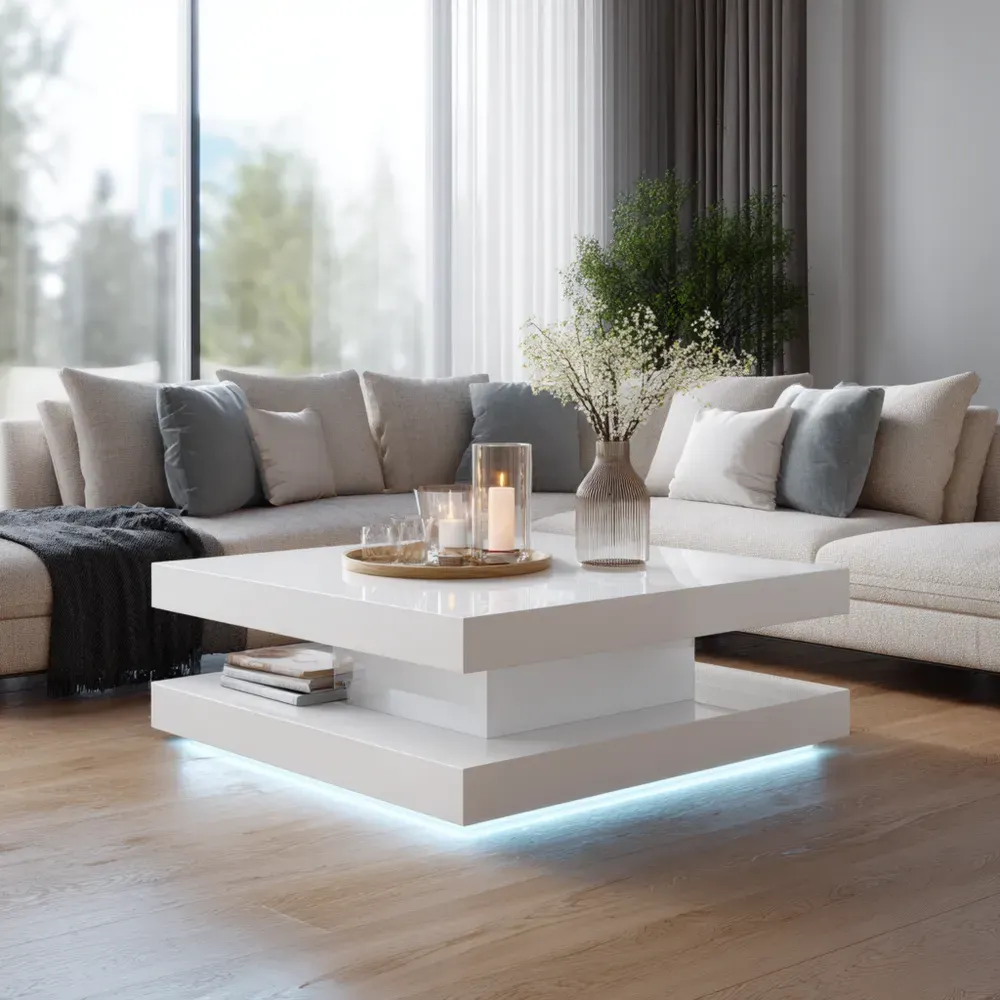 Mesa de centro 100x100x50 cm - Diseño moderno con luz LED color Blanco