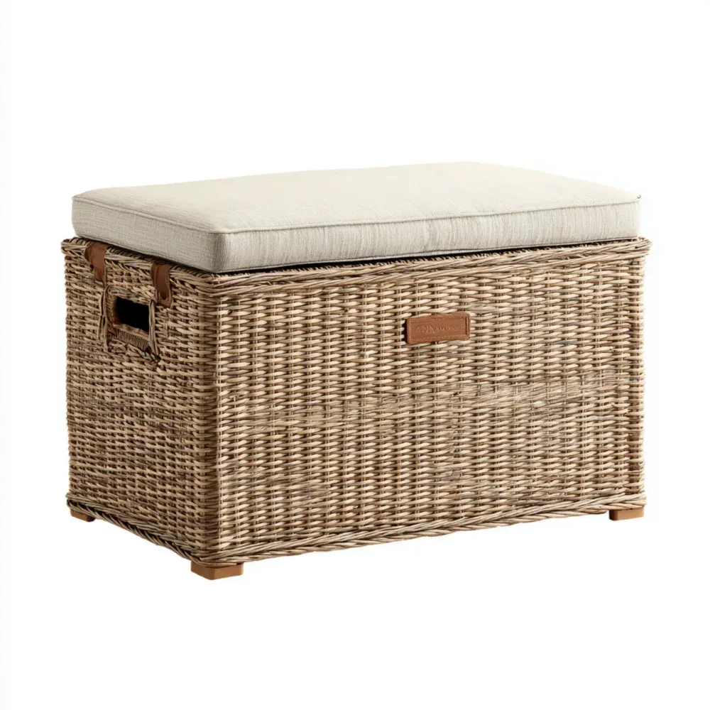 Caja de almacenamiento de ratán 80x40x45 cm con cojín - Beige - Diseño clásico