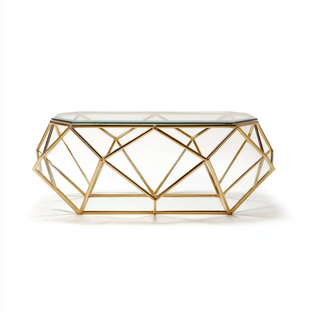 Mesa de Centro Vidrio y Metal 120x60x45 cm - Dorado - Diseño Geométrico