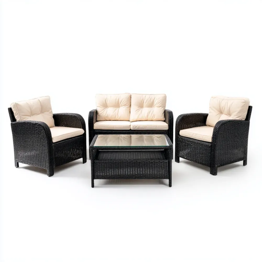 Set de Sofás de Jardín Ratán 4 Piezas 120x70x80 cm - Almohadas Beige - Diseño Clásico