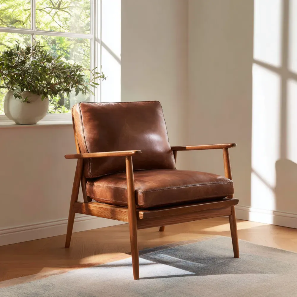 Sillón de madera y cuero 85x75x80 cm - Marrón - Diseño retro-Cournhaus