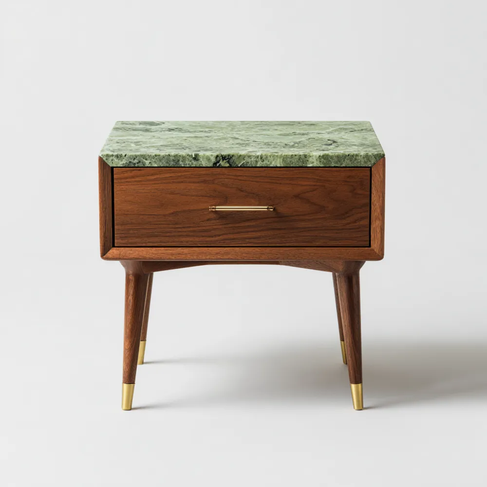 Mesita de Noche 45x35x56 cm con Tapa de Mármol – Verde/Madera – Diseño Retro-Cournhaus