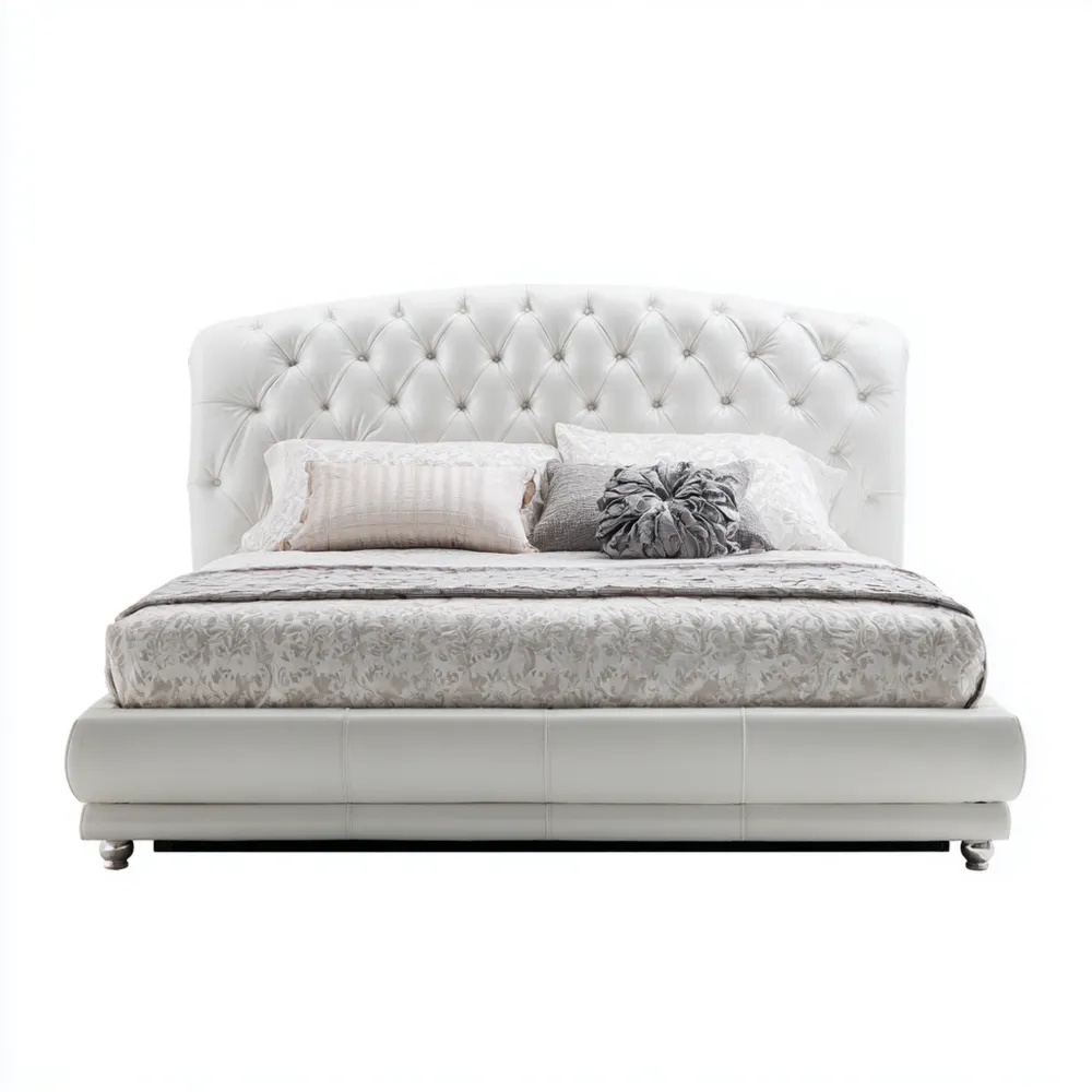 Cama Doble Tapizada 160x200x120 cm - Cuero - Blanco - Diseño Clásico-Cournhaus