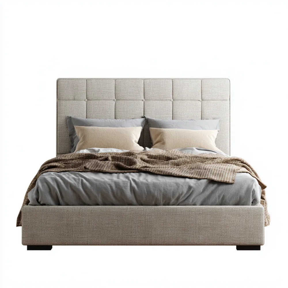 Cama doble tapizada en lino 200x160x110 cm – Beige – Diseño moderno-Cournhaus