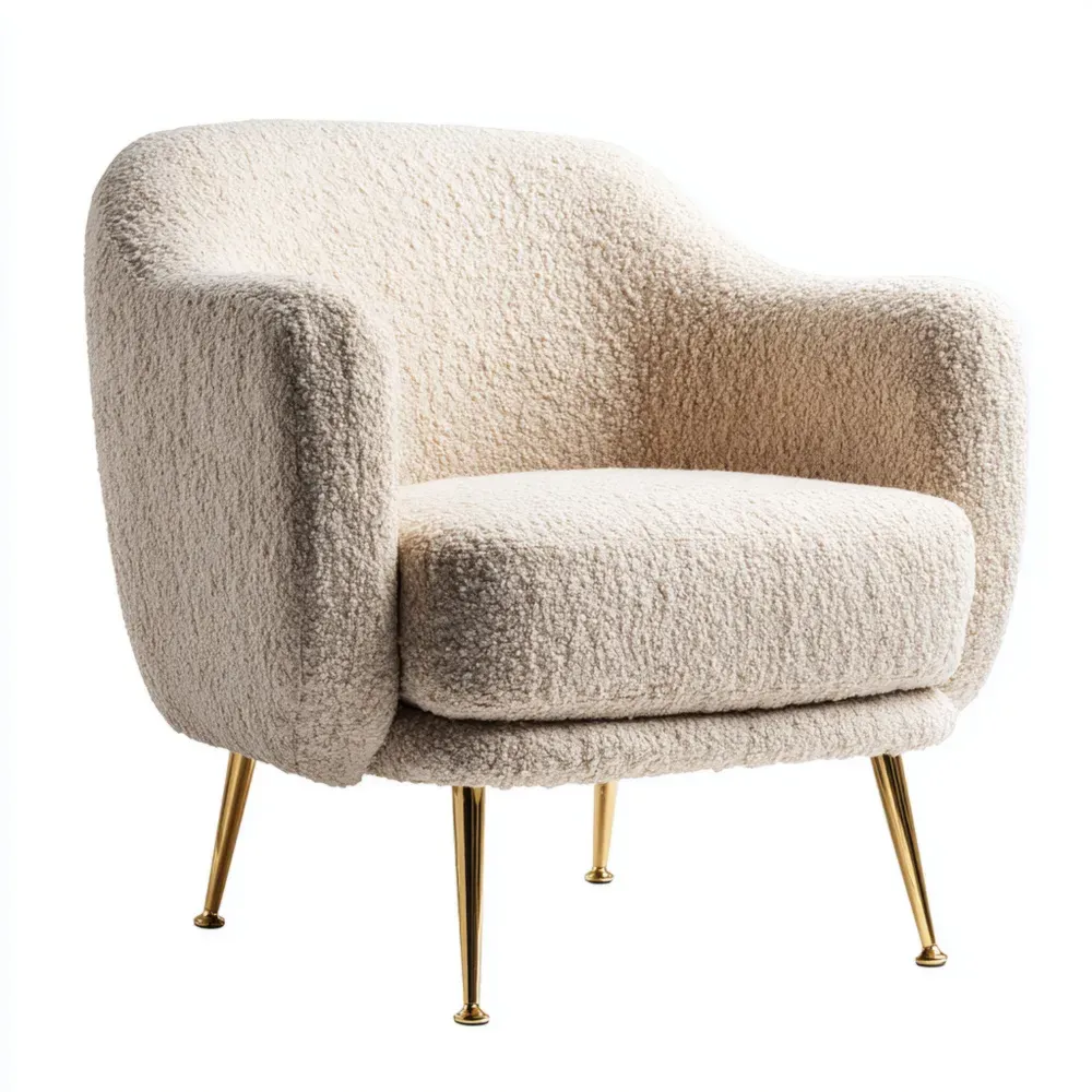 Sillón Tapizado en Tela Bouclé Crema 75x85x80 cm - Patas de Metal Dorado - Diseño Contemporáneo-Cournhaus