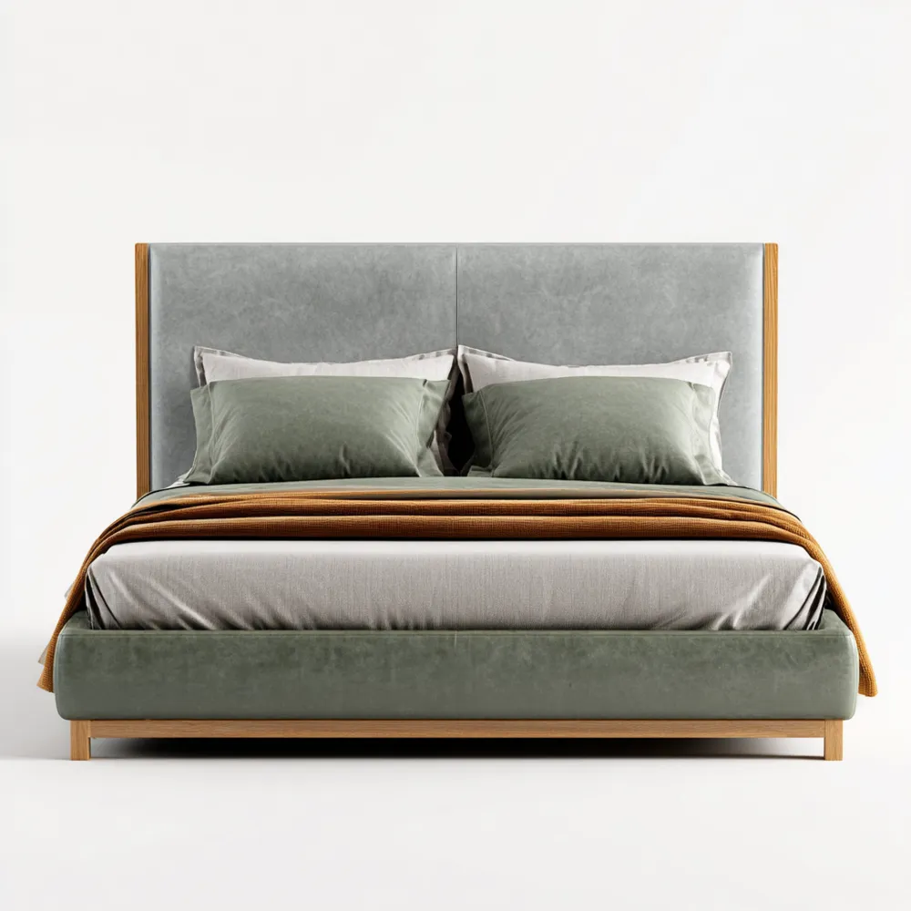 Cama Doble Tapizada 160x200x120 cm - Gris/Verde - Diseño Moderno-Cournhaus