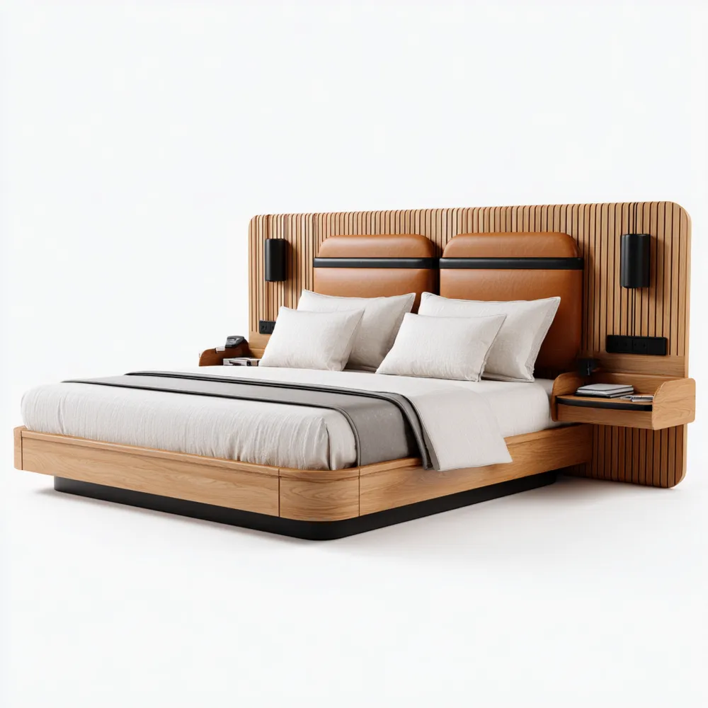 Cama matrimonial de madera y cuero 200x180 cm - Diseño contemporáneo-Cournhaus