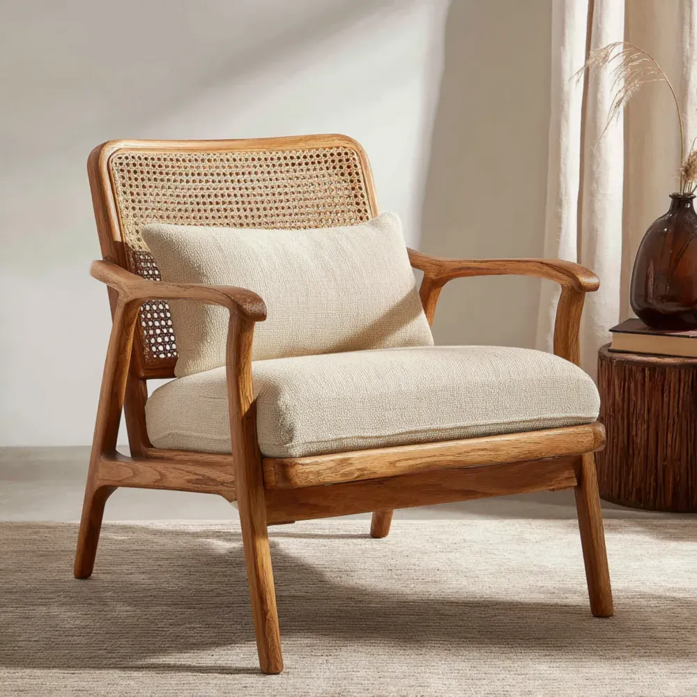 Sillón de Madera de Roble y Ratán 70x75x85 cm Asiento Beige - Diseño Retro-Cournhaus