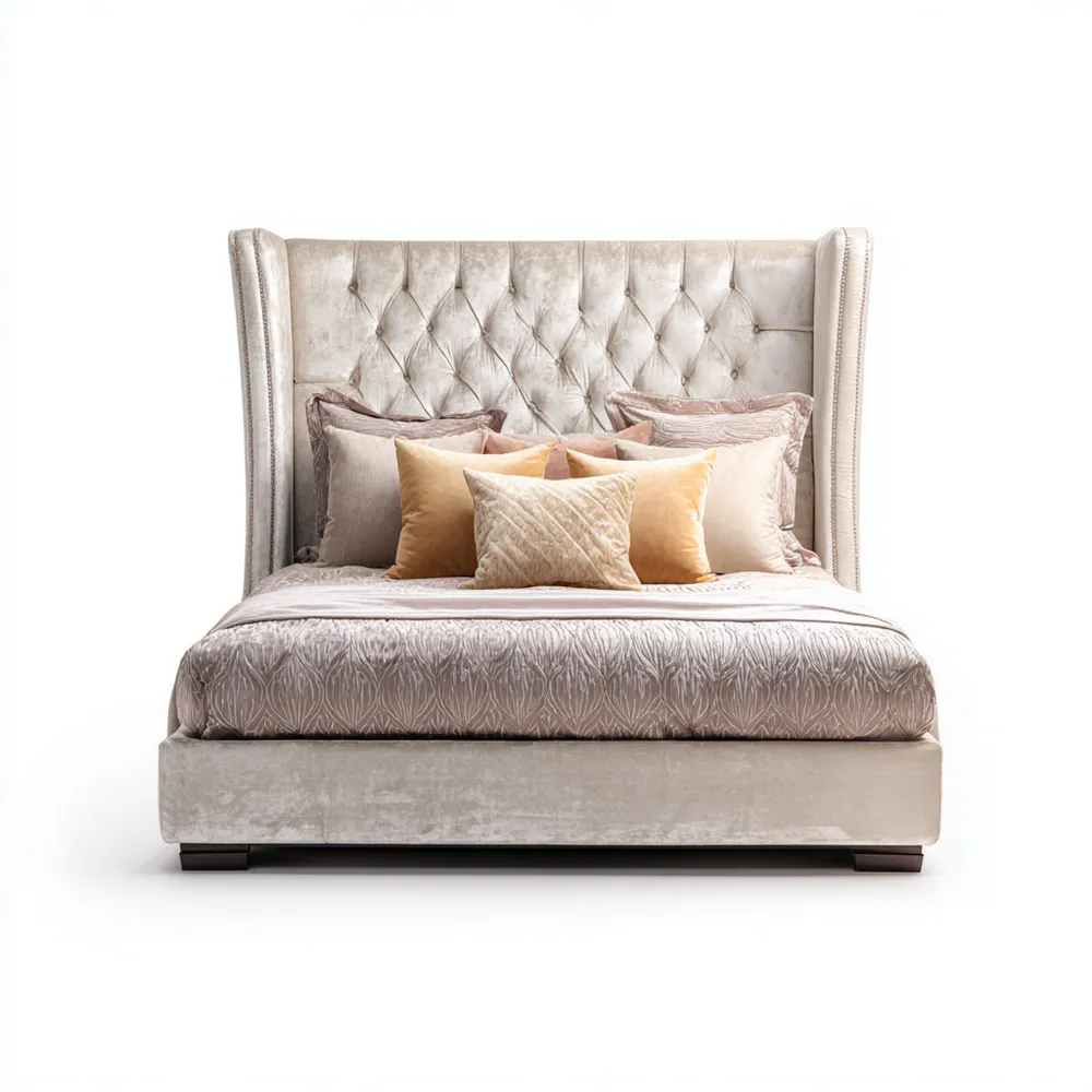 Cama Doble Tapizada Terciopelo 200x160x120 cm - Beige - Diseño Clásico-Cournhaus