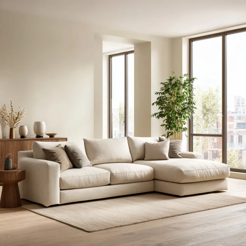 Sofá Seccional Tapizado de Tela 250x150x85 cm – Beige – Diseño Moderno-Wynnahome