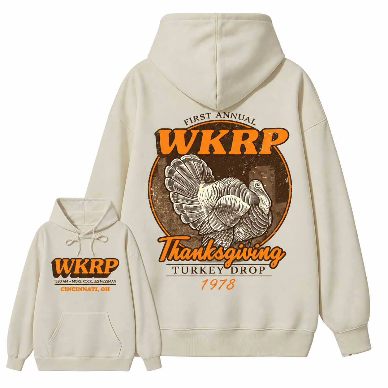 First Annual Wkrp Turkey Drop Two Sides Hoodie, Thanksgiving Wkrp Vintage Hoodie, Graphic Streetwear Hoodie