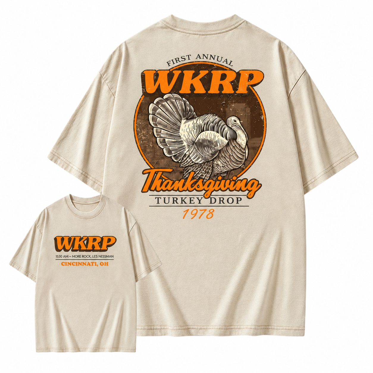 First Annual Turkey Drop Two Sides Washed Shirt Thanksgiving Wkrp Vintage Washed Shirt Graphic Streetwear Washed Shirt