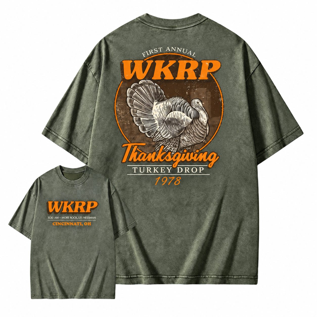 First Annual Turkey Drop Two Sides Washed Shirt Thanksgiving Wkrp Vintage Washed Shirt Graphic Streetwear Washed Shirt