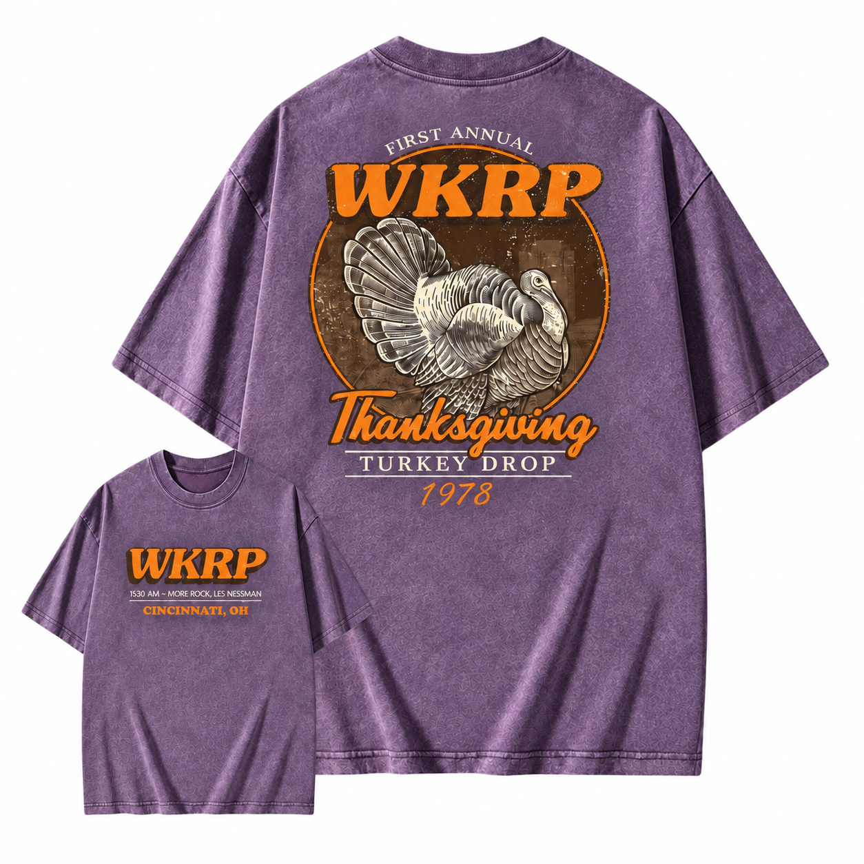 First Annual Turkey Drop Two Sides Washed Shirt Thanksgiving Wkrp Vintage Washed Shirt Graphic Streetwear Washed Shirt