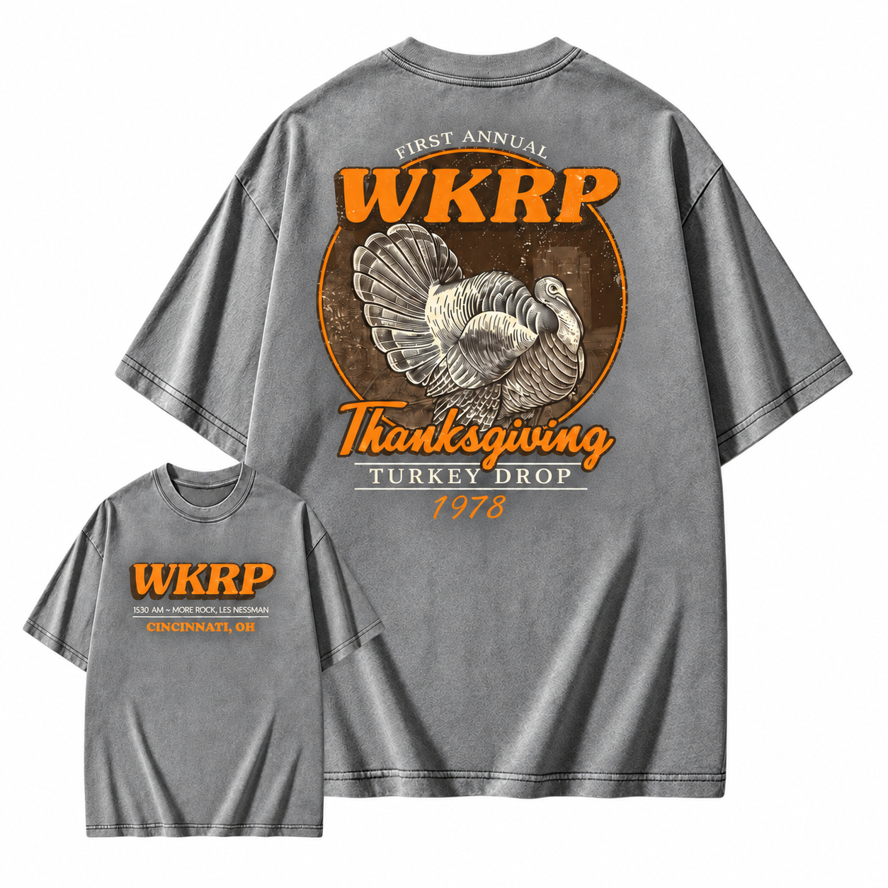 First Annual Turkey Drop Two Sides Washed Shirt Thanksgiving Wkrp Vintage Washed Shirt Graphic Streetwear Washed Shirt