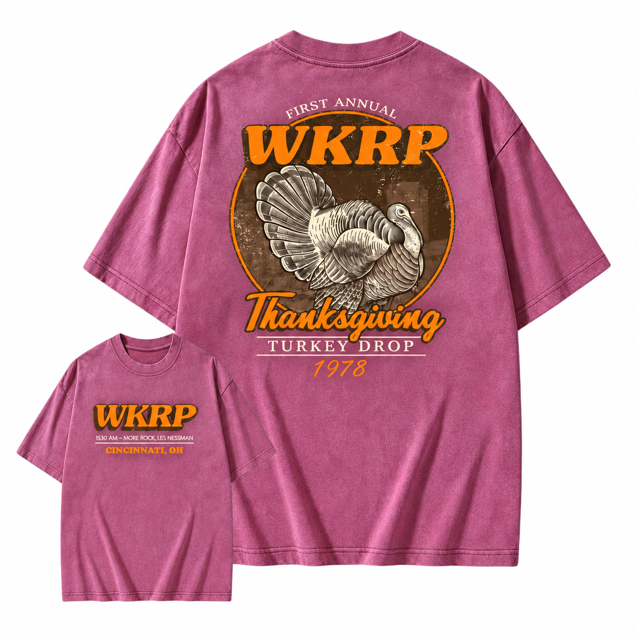 First Annual Turkey Drop Two Sides Washed Shirt Thanksgiving Wkrp Vintage Washed Shirt Graphic Streetwear Washed Shirt