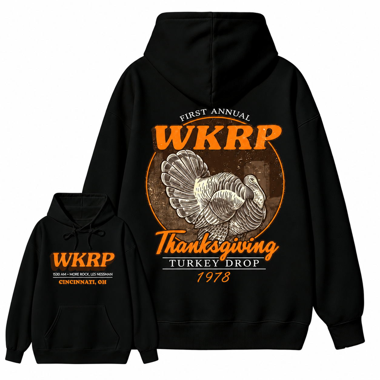 First Annual Wkrp Turkey Drop Two Sides Hoodie, Thanksgiving Wkrp Vintage Hoodie, Graphic Streetwear Hoodie