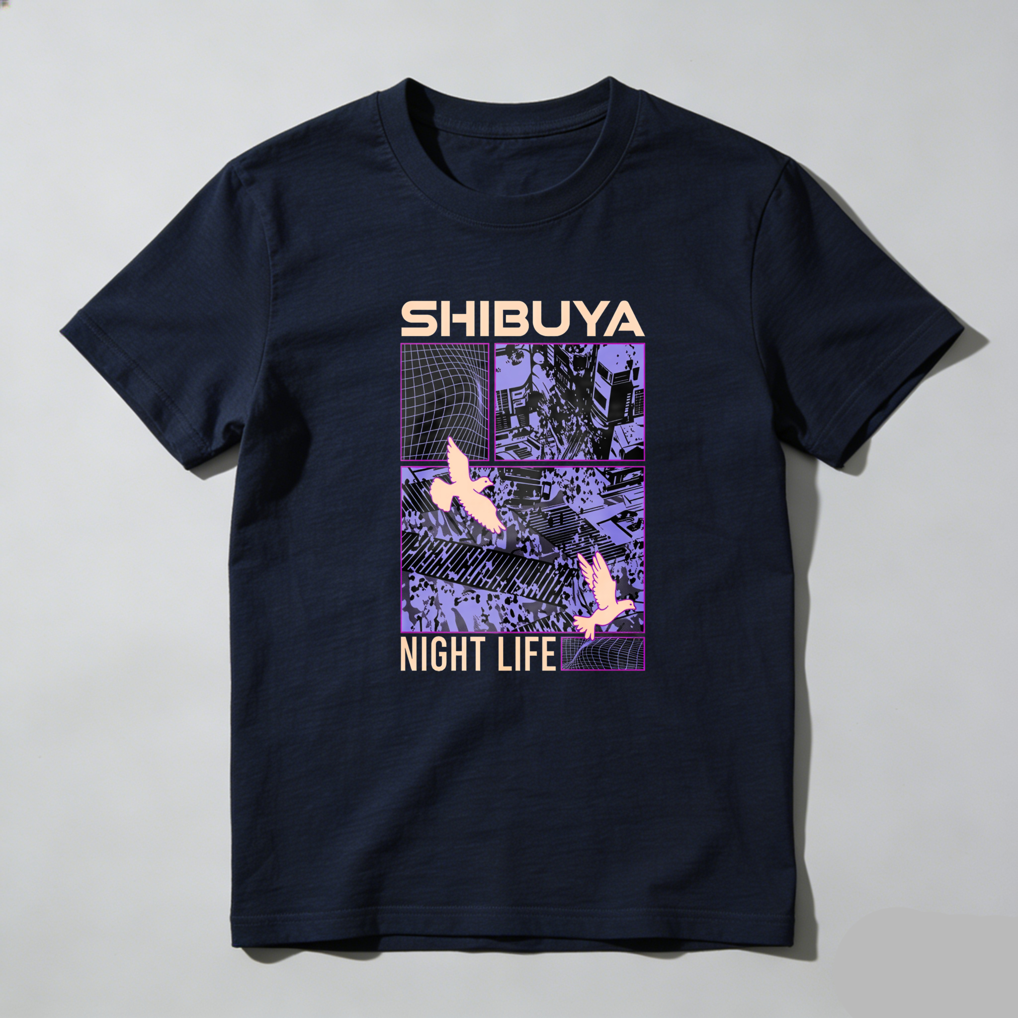 Shibuya Night Life Cityscape Birds Grid tshirt 100% cotton