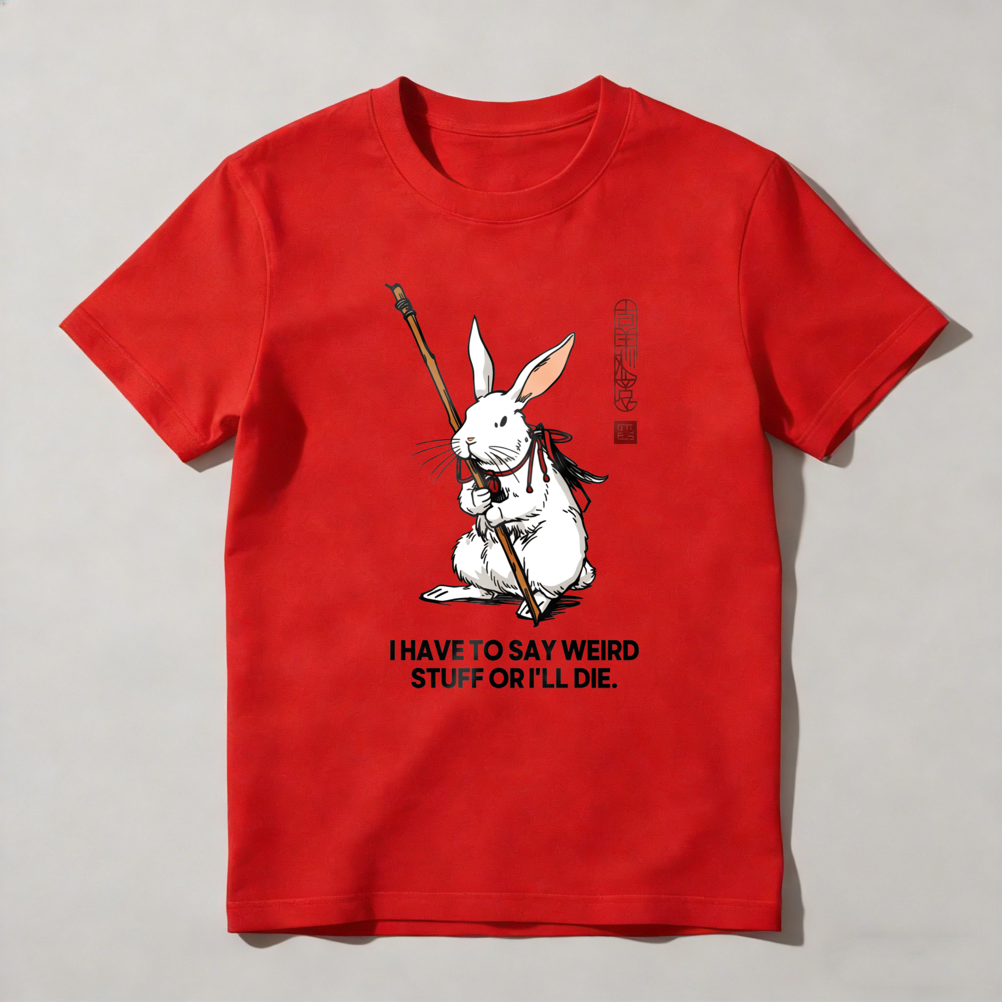 White Rabbit Holding Staff With Text tshirt 100% cotton