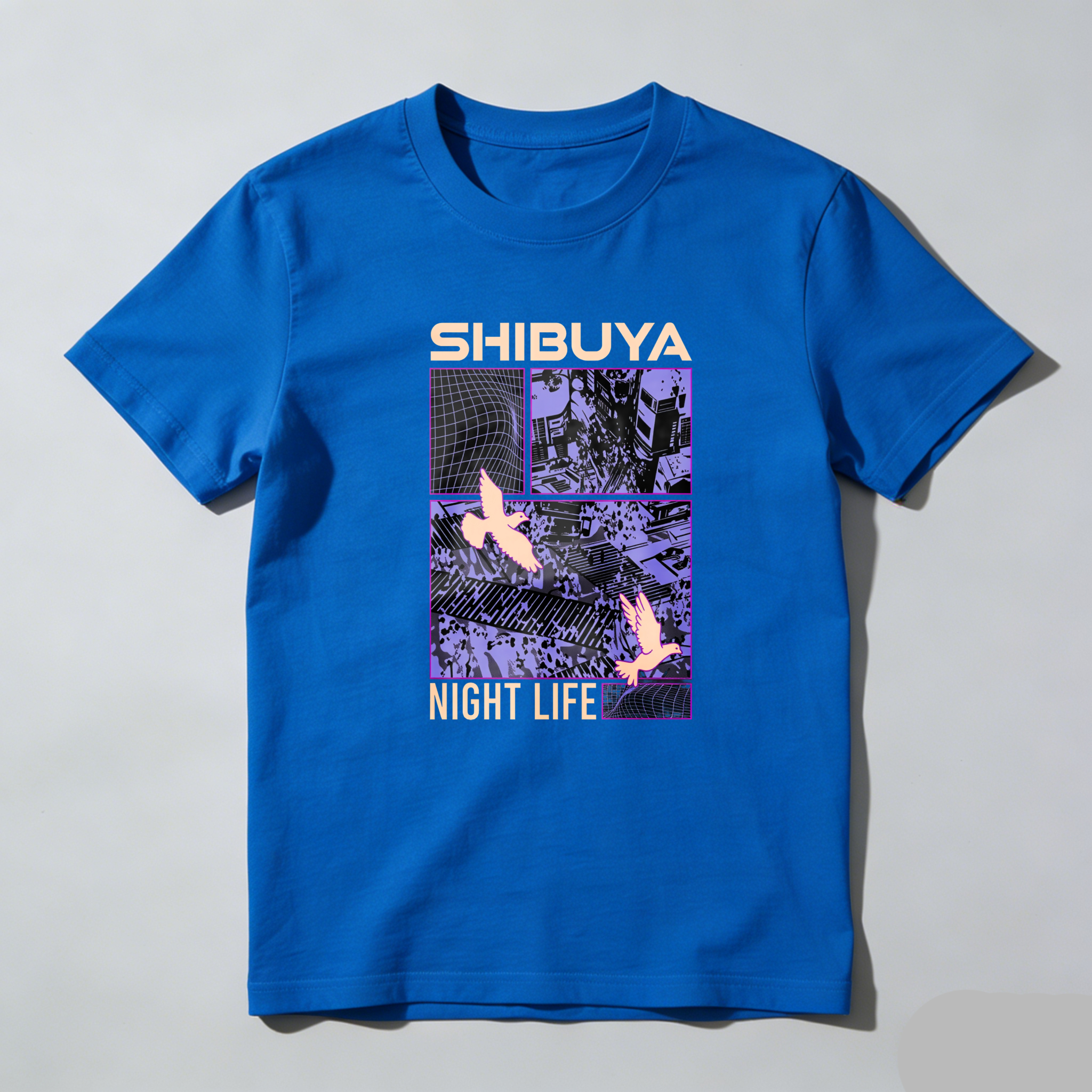 Shibuya Night Life Cityscape Birds Grid tshirt 100% cotton