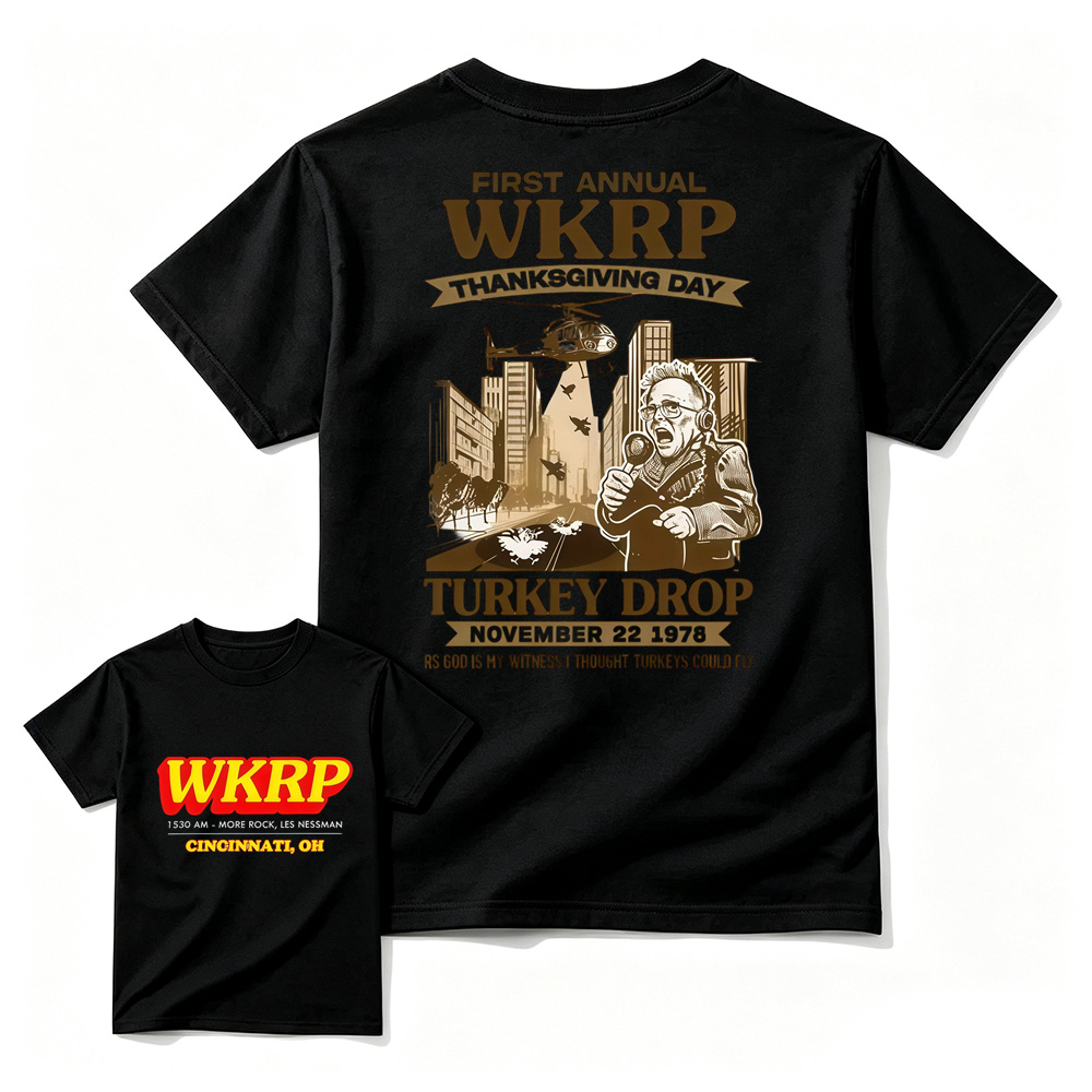 WKRP Theme 1st Annual Thanksgiving Shirt Cotton Graphic Tee - Cincinnati Themed, Basic, Relaxed Cut, Casual Fit, Comfortable, Short Sleeve, Round Neck, , Sports Top