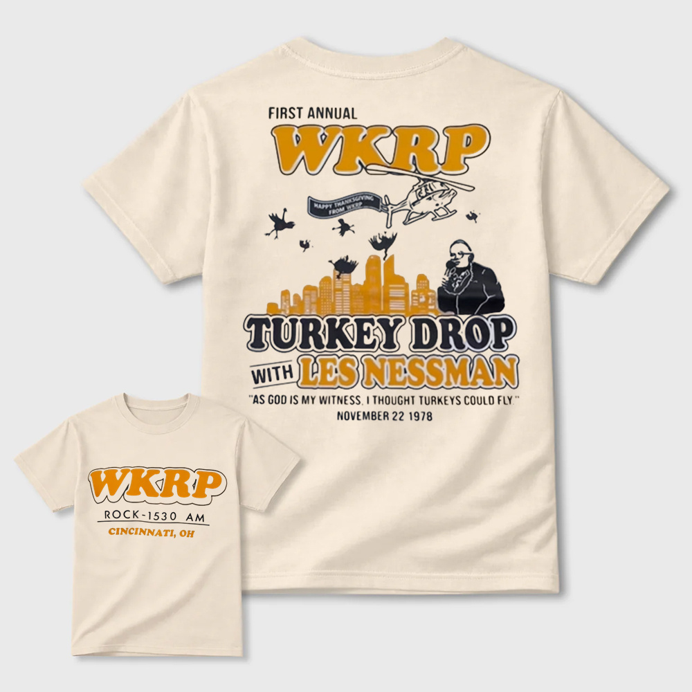 WKRP First Annual Turkey Drop With Les Nessman Thanksgiving Graphic T-Shirt