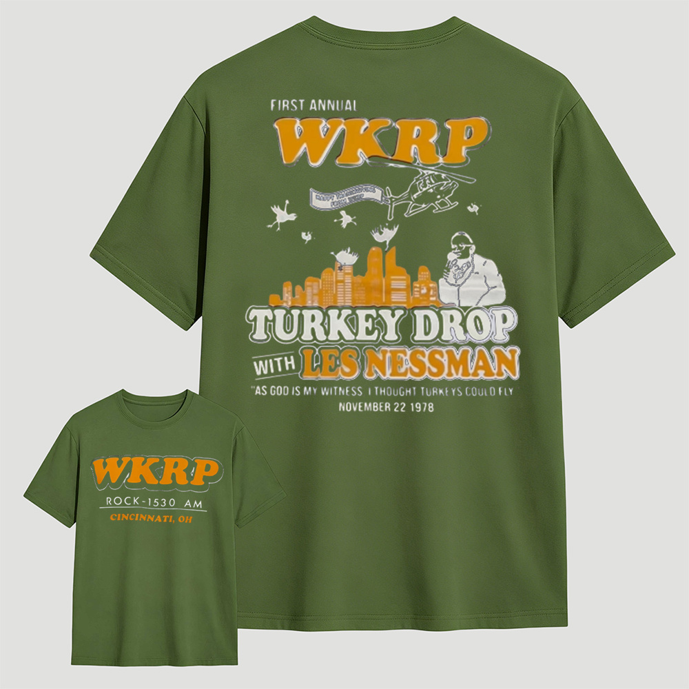 WKRP First Annual Turkey Drop With Les Nessman Thanksgiving Graphic T-Shirt