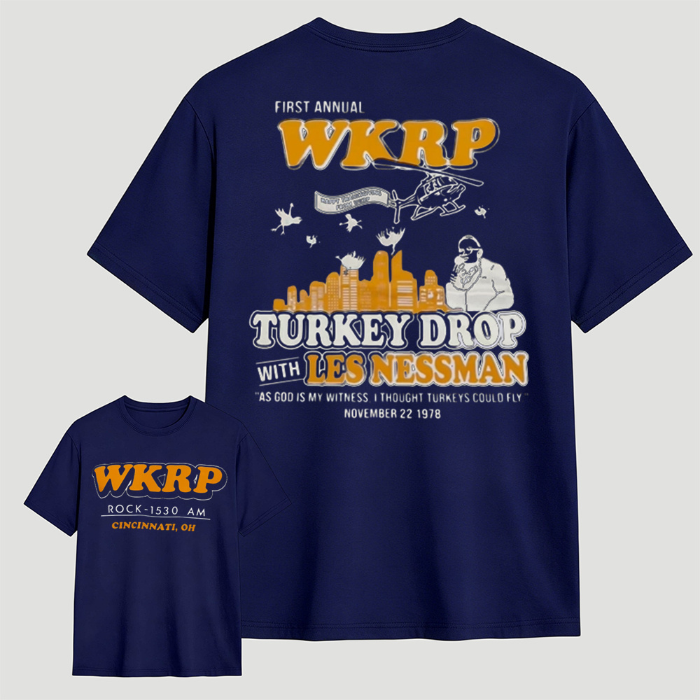 WKRP First Annual Turkey Drop With Les Nessman Thanksgiving Graphic T-Shirt