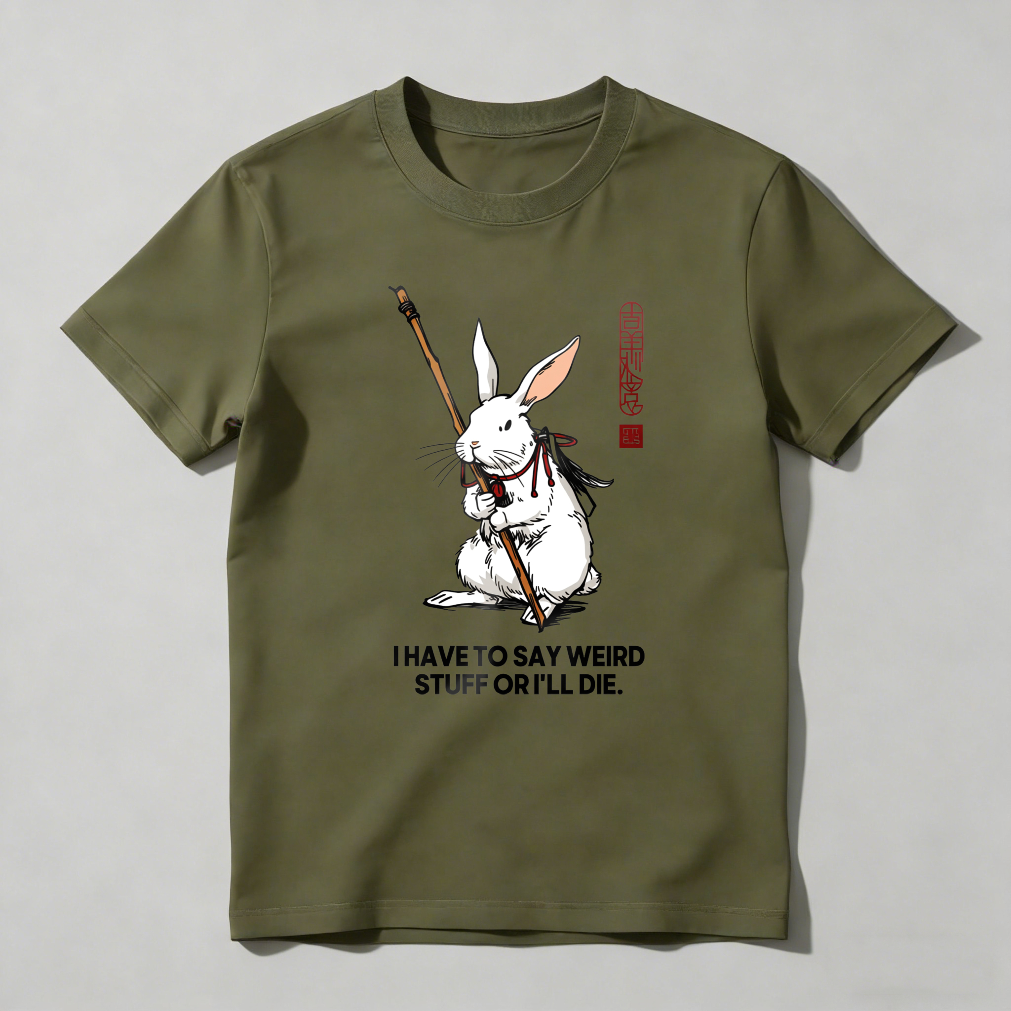 White Rabbit Holding Staff With Text tshirt 100% cotton