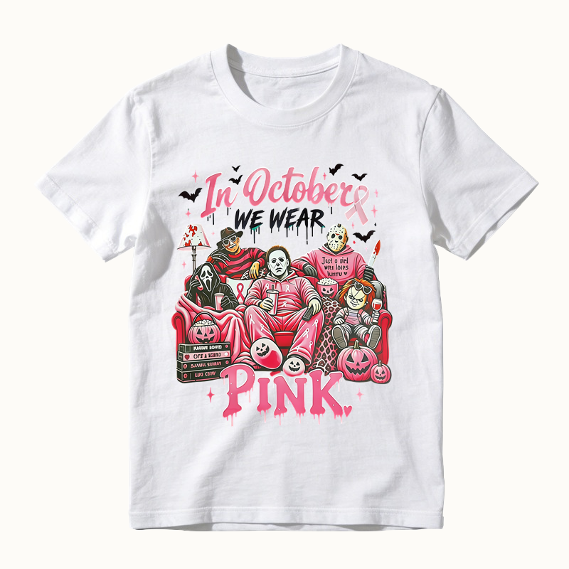 In October We Wear Pink Horror Movie Characters Print Breast Cancer Awareness Graphic T-Shirt